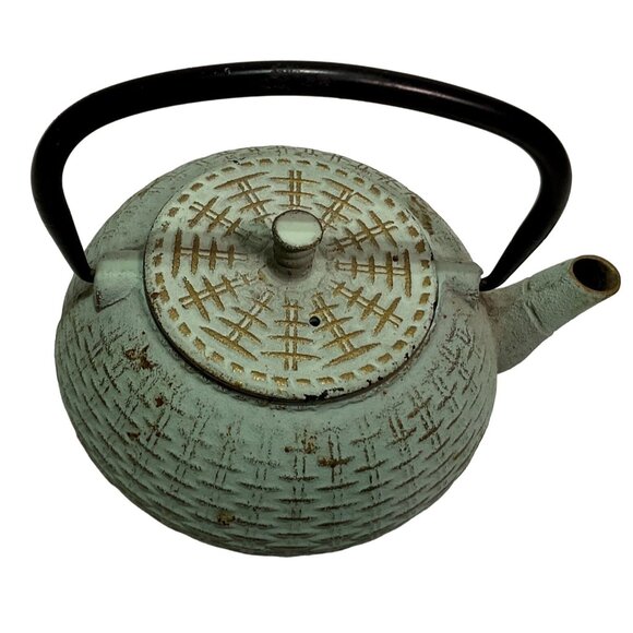 VTG JAPANESE TETSUBIN CAST IRON TEAPOT GREEN BASKET WEAVE DSIGN 7.5" X 4.5" - Picture 2 of 5